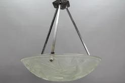 New Pamono Art Deco French Chromed Brass and Frosted Glass Pendant Light by Noverdy, 1930s