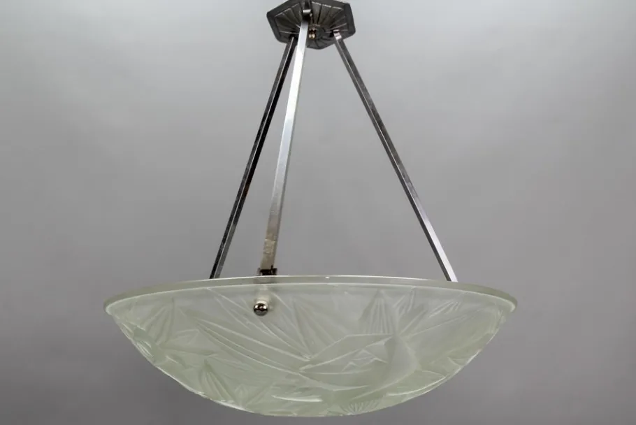 New Pamono Art Deco French Chromed Brass and Frosted Glass Pendant Light by Noverdy, 1930s