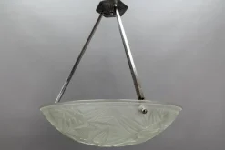 New Pamono Art Deco French Chromed Brass and Frosted Glass Pendant Light by Noverdy, 1930s