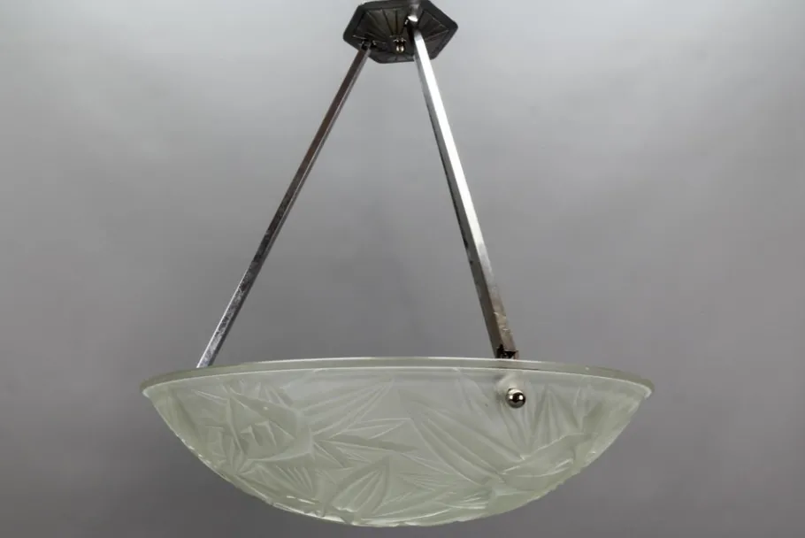 New Pamono Art Deco French Chromed Brass and Frosted Glass Pendant Light by Noverdy, 1930s