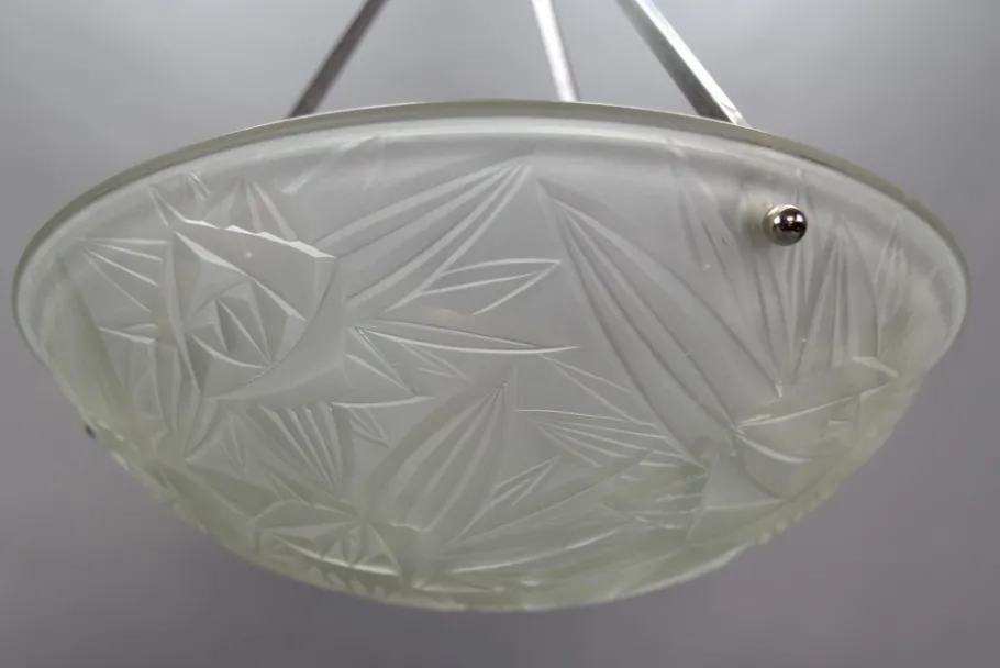 New Pamono Art Deco French Chromed Brass and Frosted Glass Pendant Light by Noverdy, 1930s