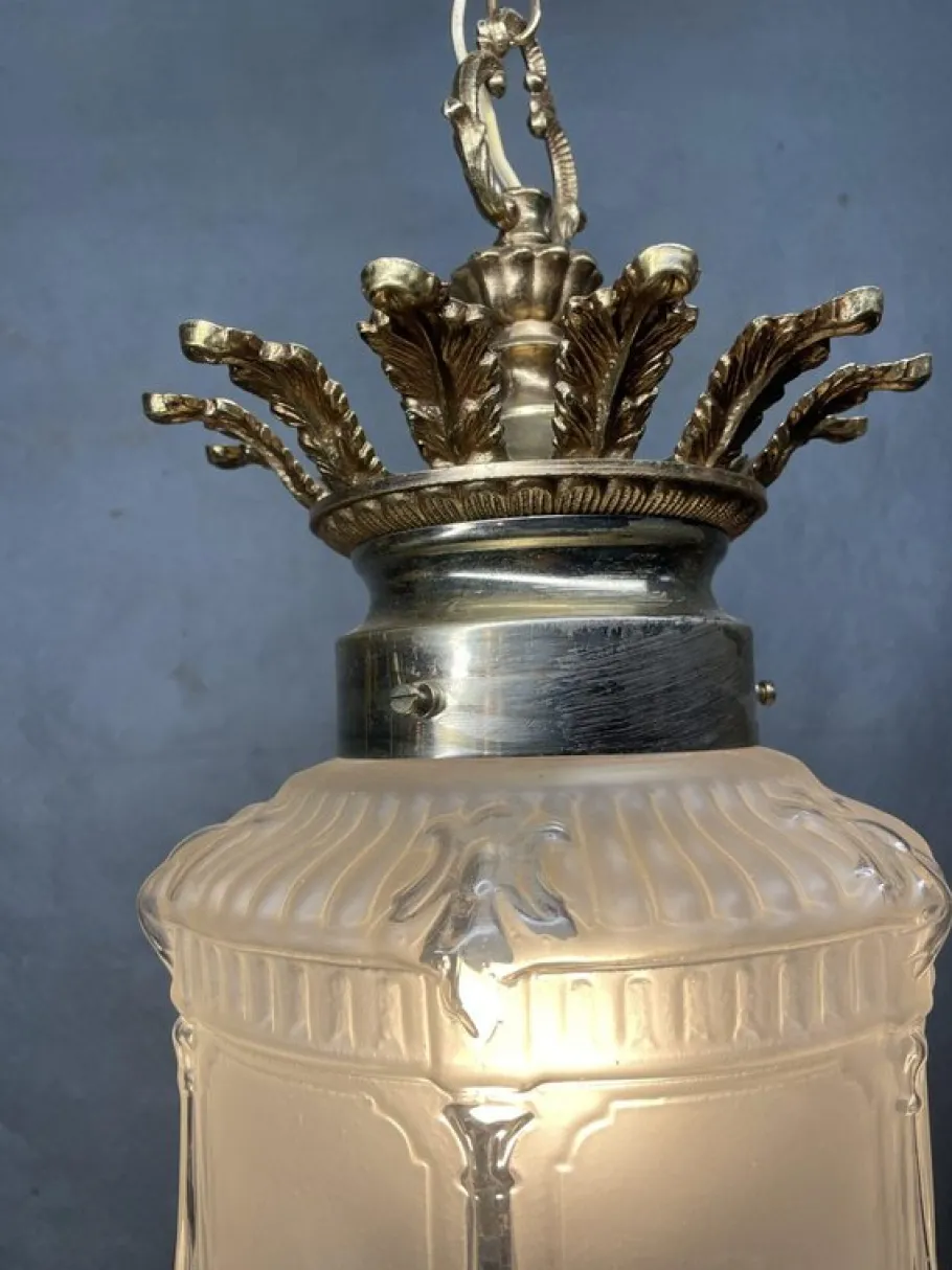 New Pamono Art Deco French Frosted Glass Pendant Light, 1930s