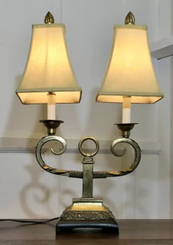 Sale Pamono Art Deco Hollywood Regency Twin Toleware Table Lamp, 1960s