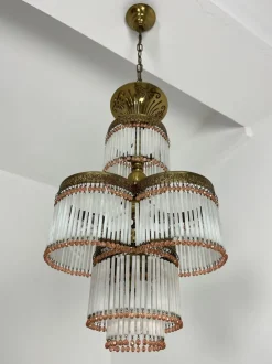 Hot Pamono Art Deco 4-Light Chandelier in Brass and Glass, 1940s