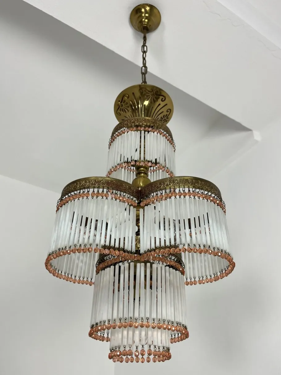 Hot Pamono Art Deco 4-Light Chandelier in Brass and Glass, 1940s