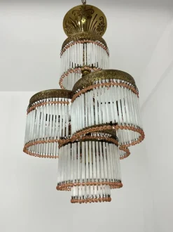 Hot Pamono Art Deco 4-Light Chandelier in Brass and Glass, 1940s