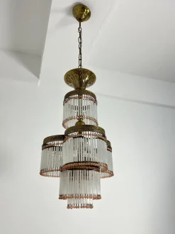 Hot Pamono Art Deco 4-Light Chandelier in Brass and Glass, 1940s