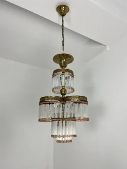 Hot Pamono Art Deco 4-Light Chandelier in Brass and Glass, 1940s