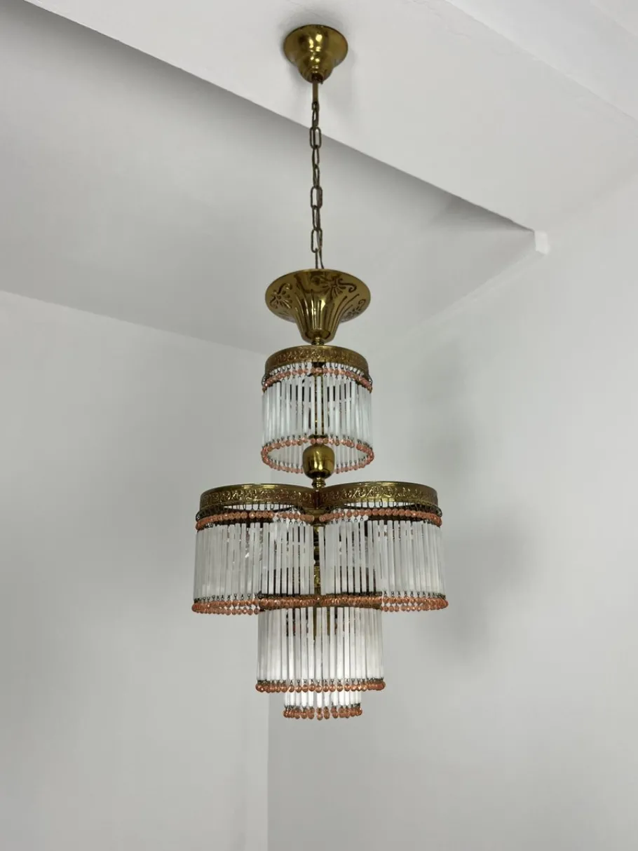 Hot Pamono Art Deco 4-Light Chandelier in Brass and Glass, 1940s