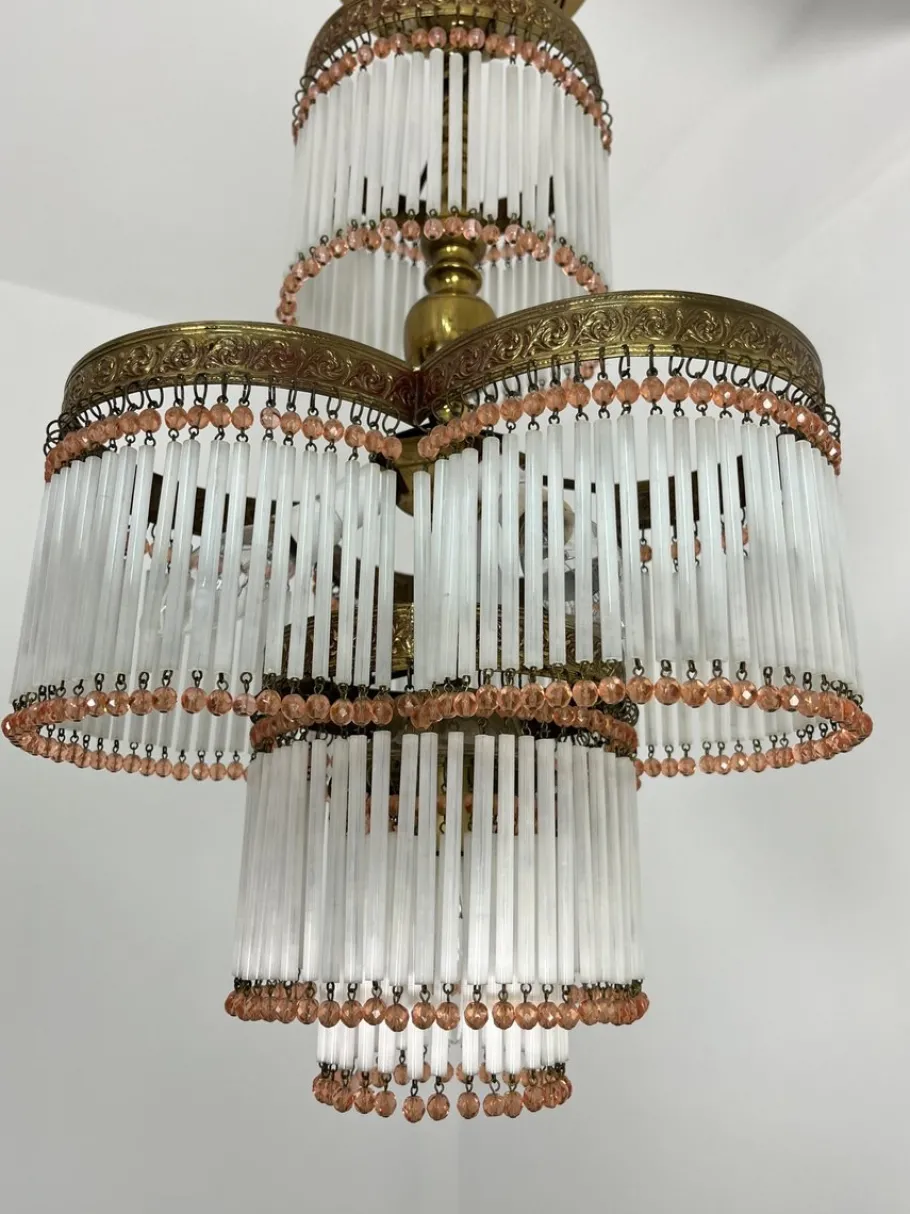 Hot Pamono Art Deco 4-Light Chandelier in Brass and Glass, 1940s