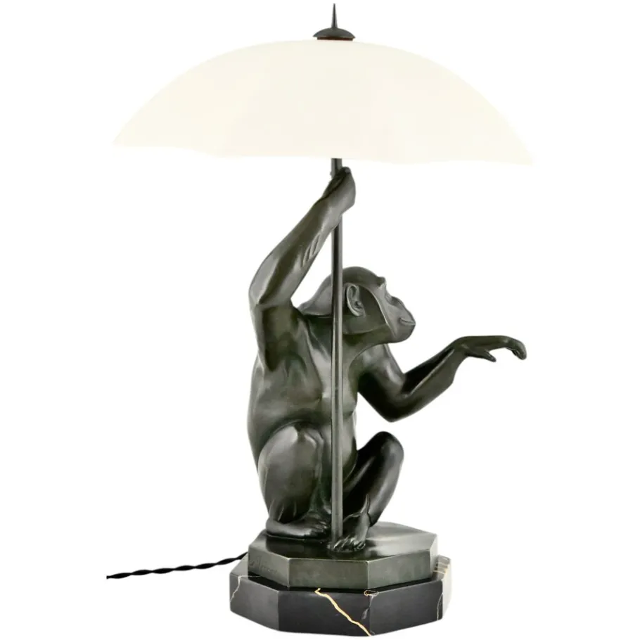 Best Pamono Art Deco Monkey with Umbrella Lamp by Max Le Verrier, 1927