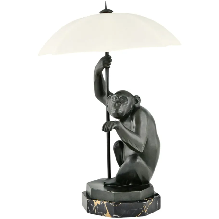 Best Pamono Art Deco Monkey with Umbrella Lamp by Max Le Verrier, 1927