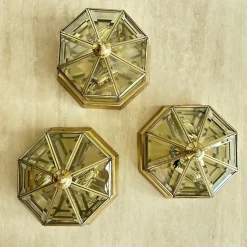 New Pamono Art Deco Octagonal Brass Wall Lamp with Cut Glass, 1930s