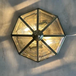 New Pamono Art Deco Octagonal Brass Wall Lamp with Cut Glass, 1930s
