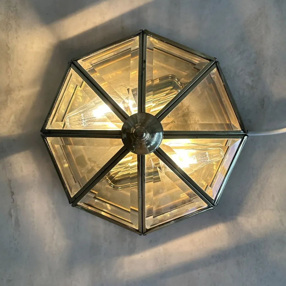New Pamono Art Deco Octagonal Brass Wall Lamp with Cut Glass, 1930s