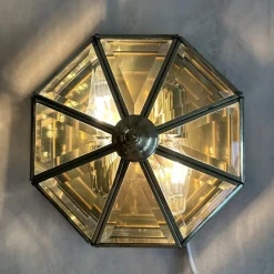 New Pamono Art Deco Octagonal Brass Wall Lamp with Cut Glass, 1930s