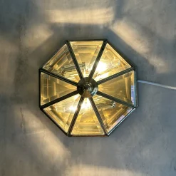 New Pamono Art Deco Octagonal Brass Wall Lamp with Cut Glass, 1930s