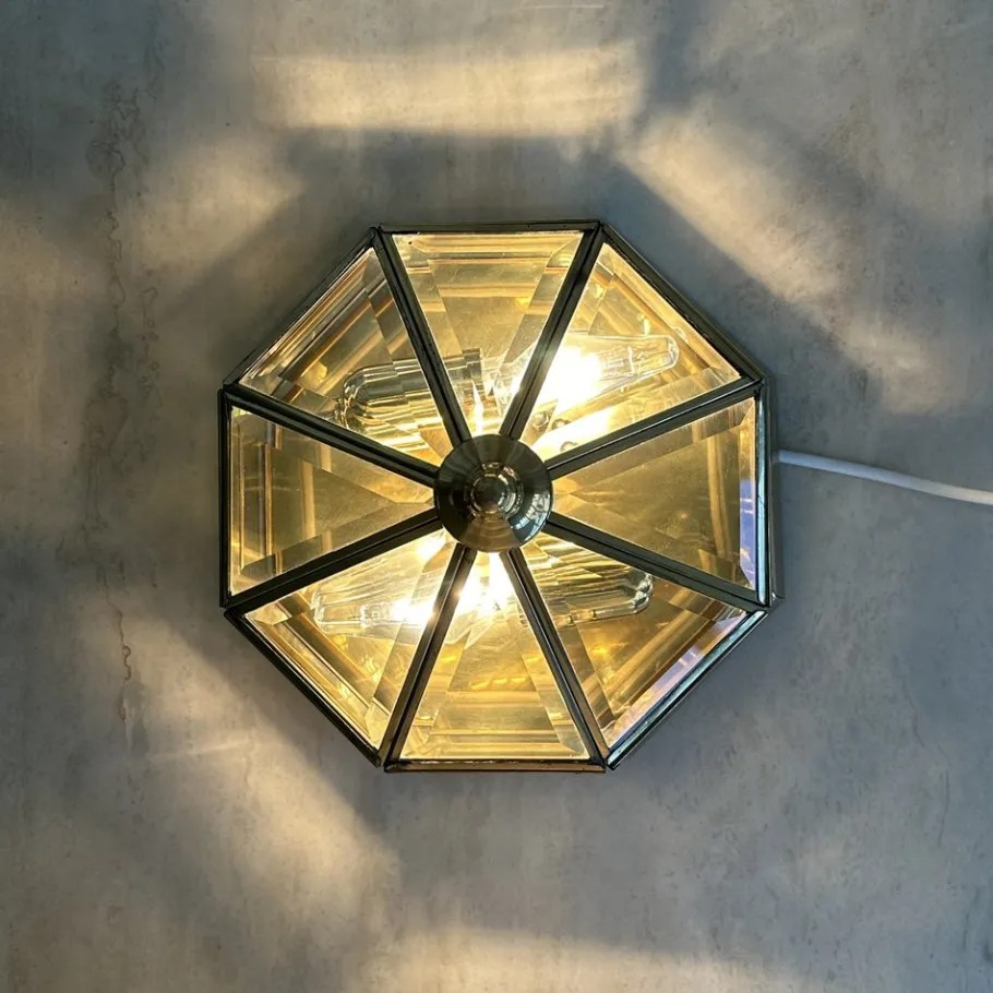 New Pamono Art Deco Octagonal Brass Wall Lamp with Cut Glass, 1930s