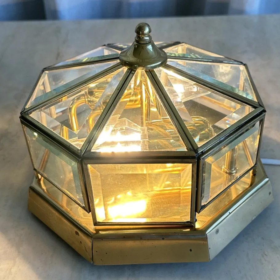 New Pamono Art Deco Octagonal Brass Wall Lamp with Cut Glass, 1930s