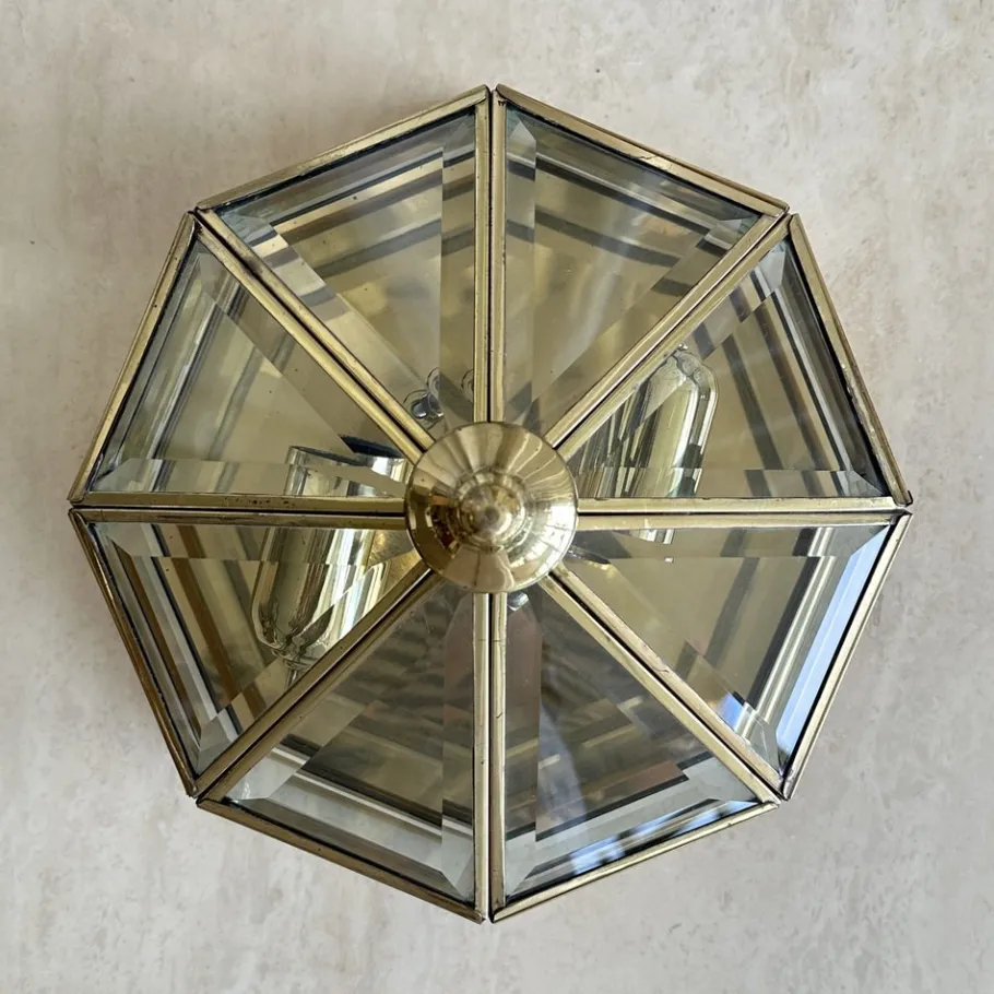 New Pamono Art Deco Octagonal Brass Wall Lamp with Cut Glass, 1930s
