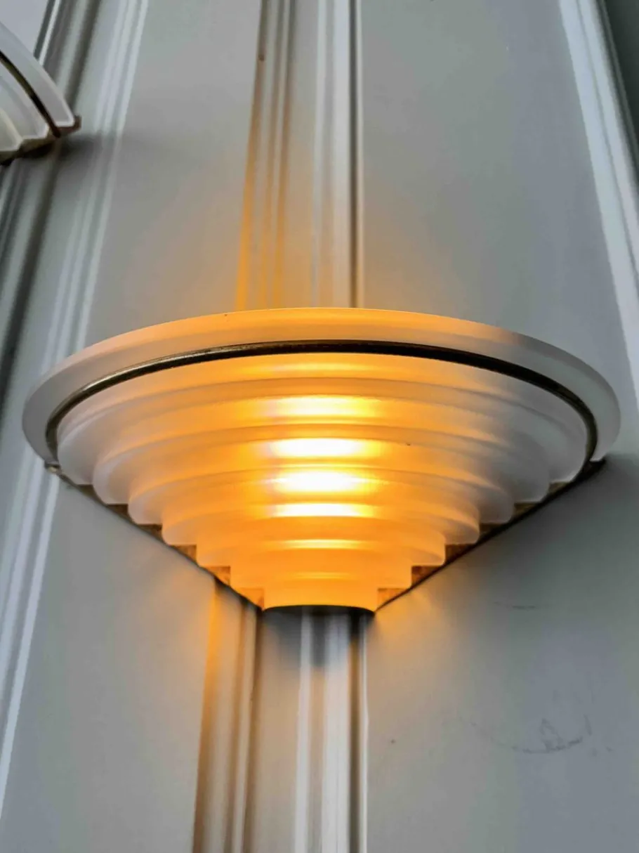 Online Pamono Art Deco Sconces in Brass and Frosted Glass, Portugal, 1940s, Set of 2