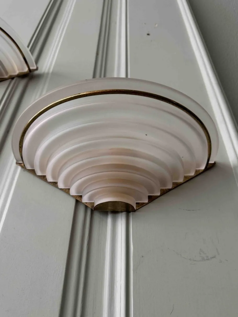Online Pamono Art Deco Sconces in Brass and Frosted Glass, Portugal, 1940s, Set of 2