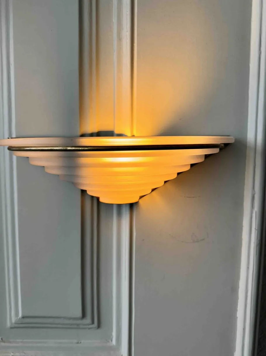 Online Pamono Art Deco Sconces in Brass and Frosted Glass, Portugal, 1940s, Set of 2