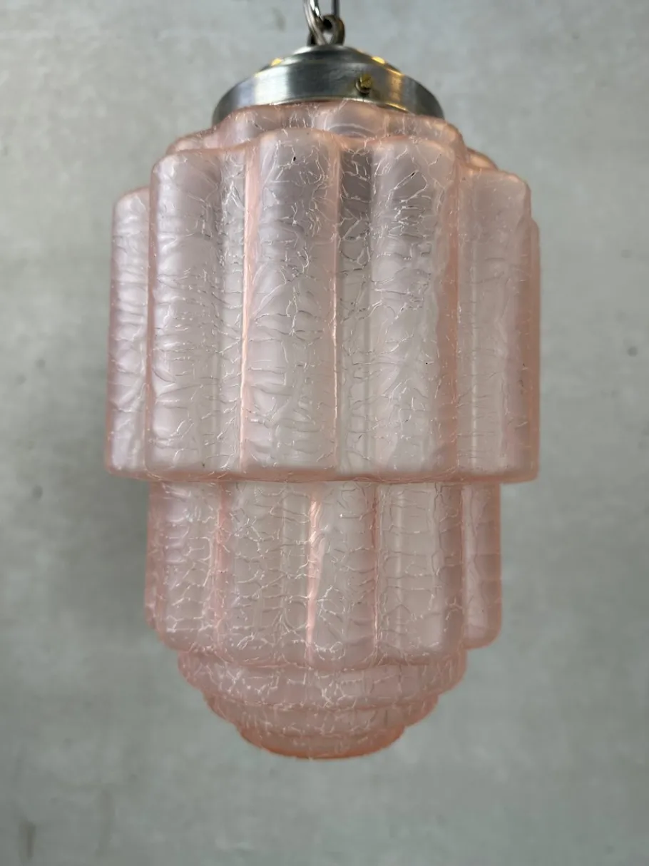 New Pamono Art Deco Skyscraper Lamp in Crackle Rosé Glass