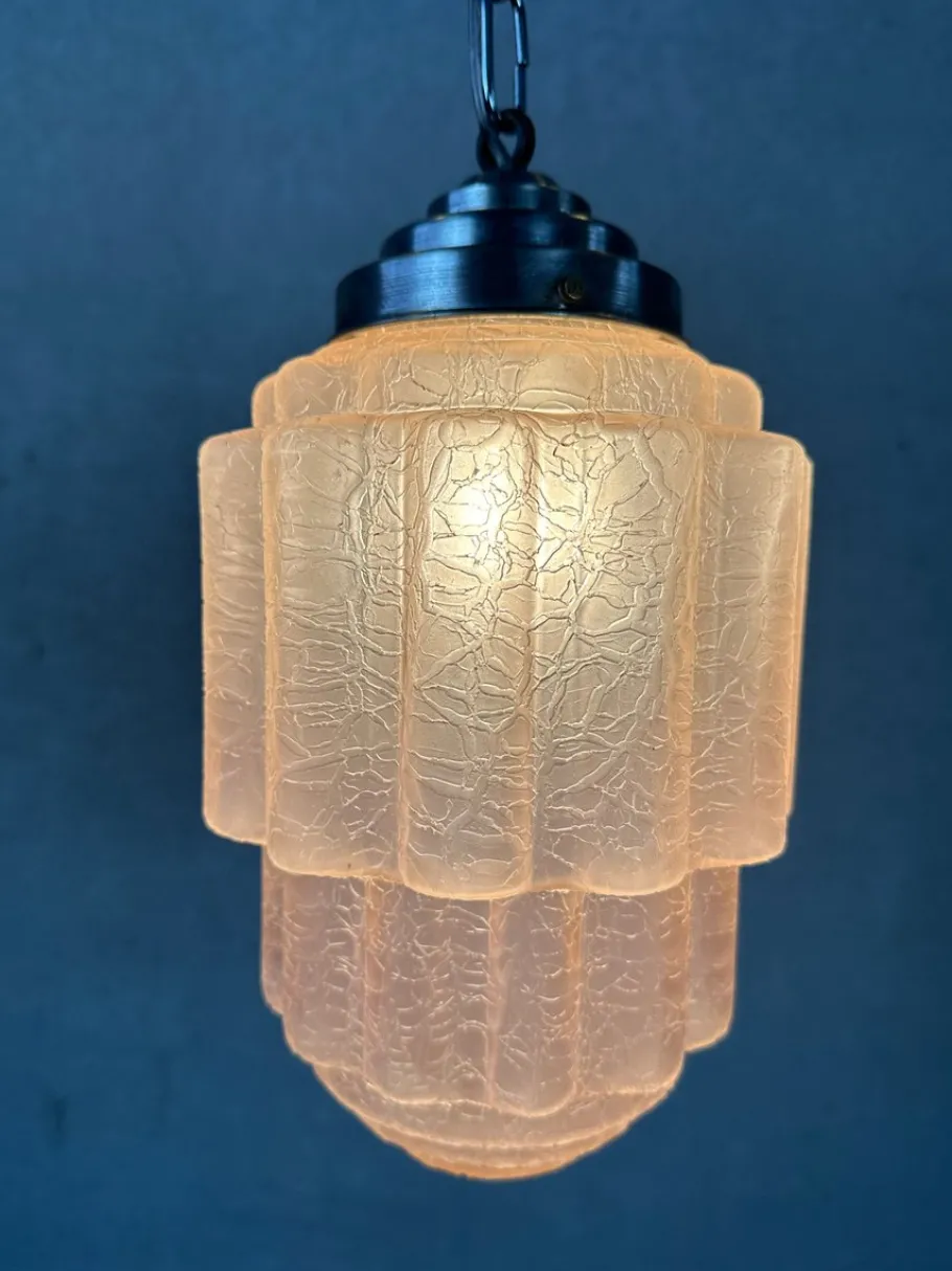 New Pamono Art Deco Skyscraper Lamp in Crackle Rosé Glass