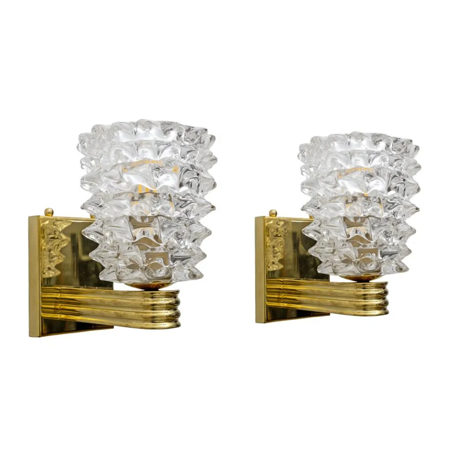 New Pamono Art Deco Style Brass and Rostrato Murano Glass Sconces by Barovier & Toso, 2000, Set of 2