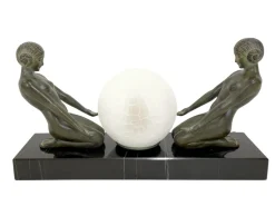 Pamono Art Deco Style Cueillette Sculpture Lamp in Spelter & Marble with Lighted Glass Ball by Max Le Verrier, 2022