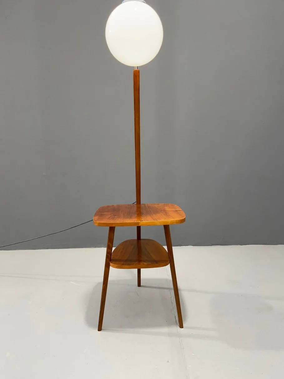 New Pamono Art Deco Style Floor Lamp with Milk Glass and Side Table from Thonet, Former Czechoslovakia, 1950s