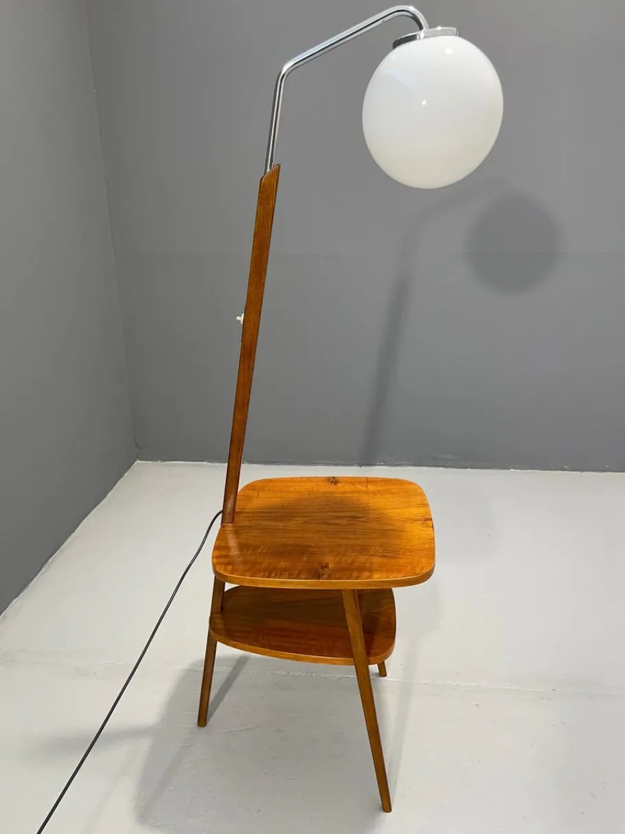 New Pamono Art Deco Style Floor Lamp with Milk Glass and Side Table from Thonet, Former Czechoslovakia, 1950s