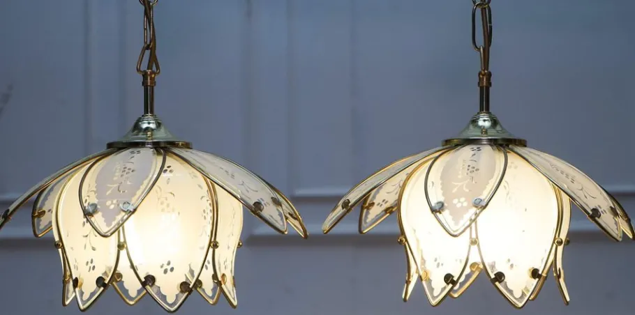 Clearance Pamono Art Deco Style Glass Lotus Ceiling Lamps, 1960s, Set of 2