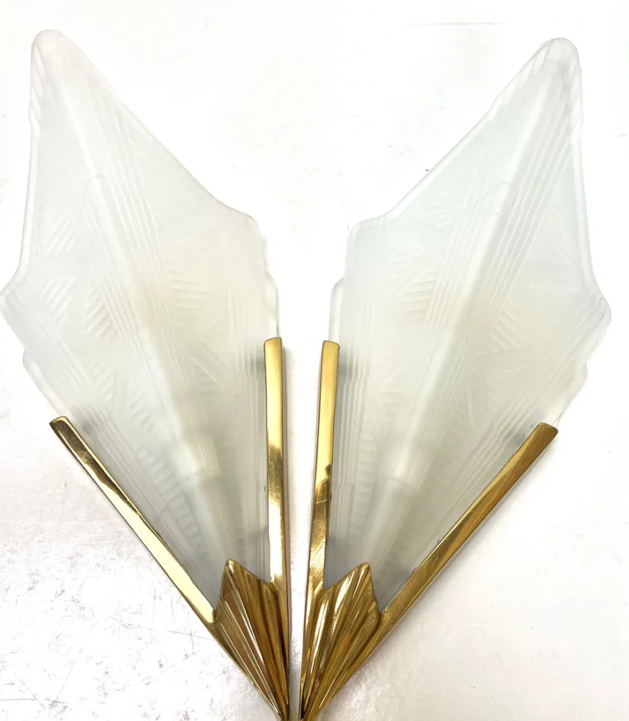 Clearance Pamono Art Deco Style Triangle Glass Brass Wall Lights Sconces, Sweden, 1980s, Set of 2