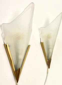 Clearance Pamono Art Deco Style Triangle Glass Brass Wall Lights Sconces, Sweden, 1980s, Set of 2