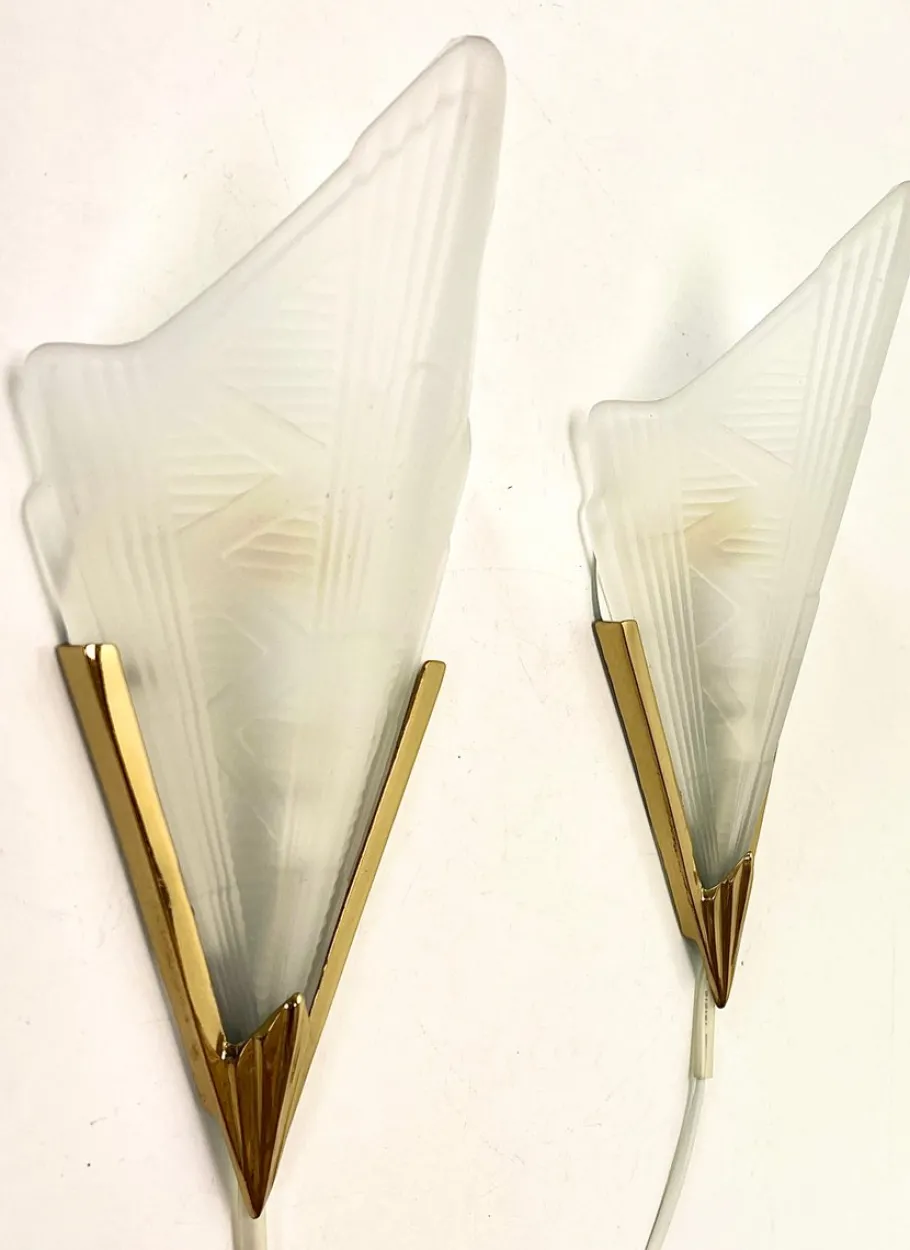 Clearance Pamono Art Deco Style Triangle Glass Brass Wall Lights Sconces, Sweden, 1980s, Set of 2