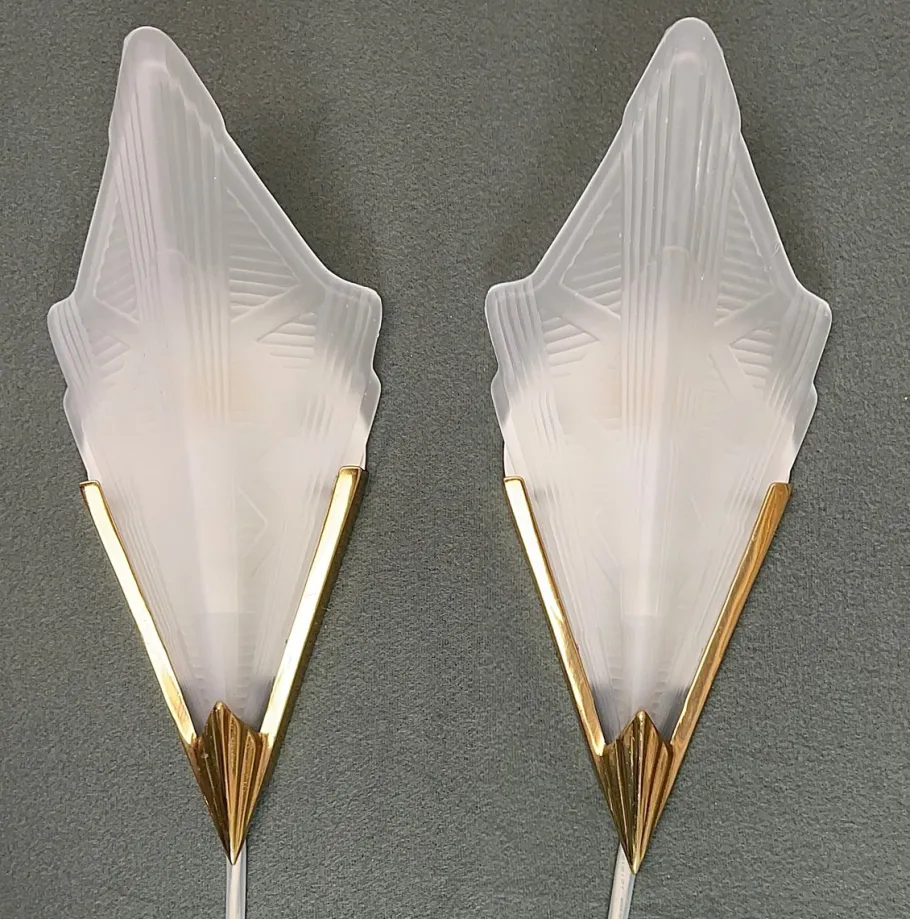 Clearance Pamono Art Deco Style Triangle Glass Brass Wall Lights Sconces, Sweden, 1980s, Set of 2