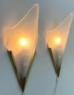 Clearance Pamono Art Deco Style Triangle Glass Brass Wall Lights Sconces, Sweden, 1980s, Set of 2