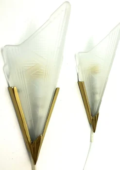 Clearance Pamono Art Deco Style Triangle Glass Brass Wall Lights Sconces, Sweden, 1980s, Set of 2