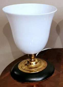 New Pamono Art Deco Table Lamp in Opaline Glass, Brass and Wood from Mazda