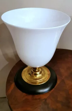 New Pamono Art Deco Table Lamp in Opaline Glass, Brass and Wood from Mazda