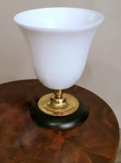 New Pamono Art Deco Table Lamp in Opaline Glass, Brass and Wood from Mazda