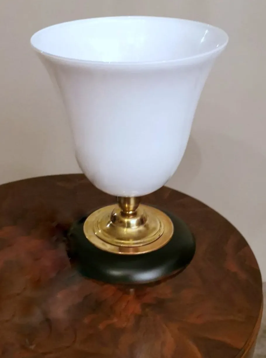 New Pamono Art Deco Table Lamp in Opaline Glass, Brass and Wood from Mazda
