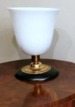 New Pamono Art Deco Table Lamp in Opaline Glass, Brass and Wood from Mazda