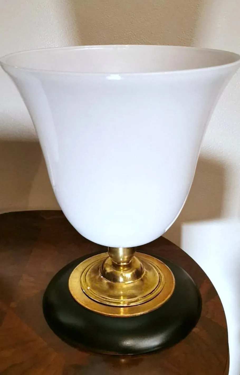 New Pamono Art Deco Table Lamp in Opaline Glass, Brass and Wood from Mazda