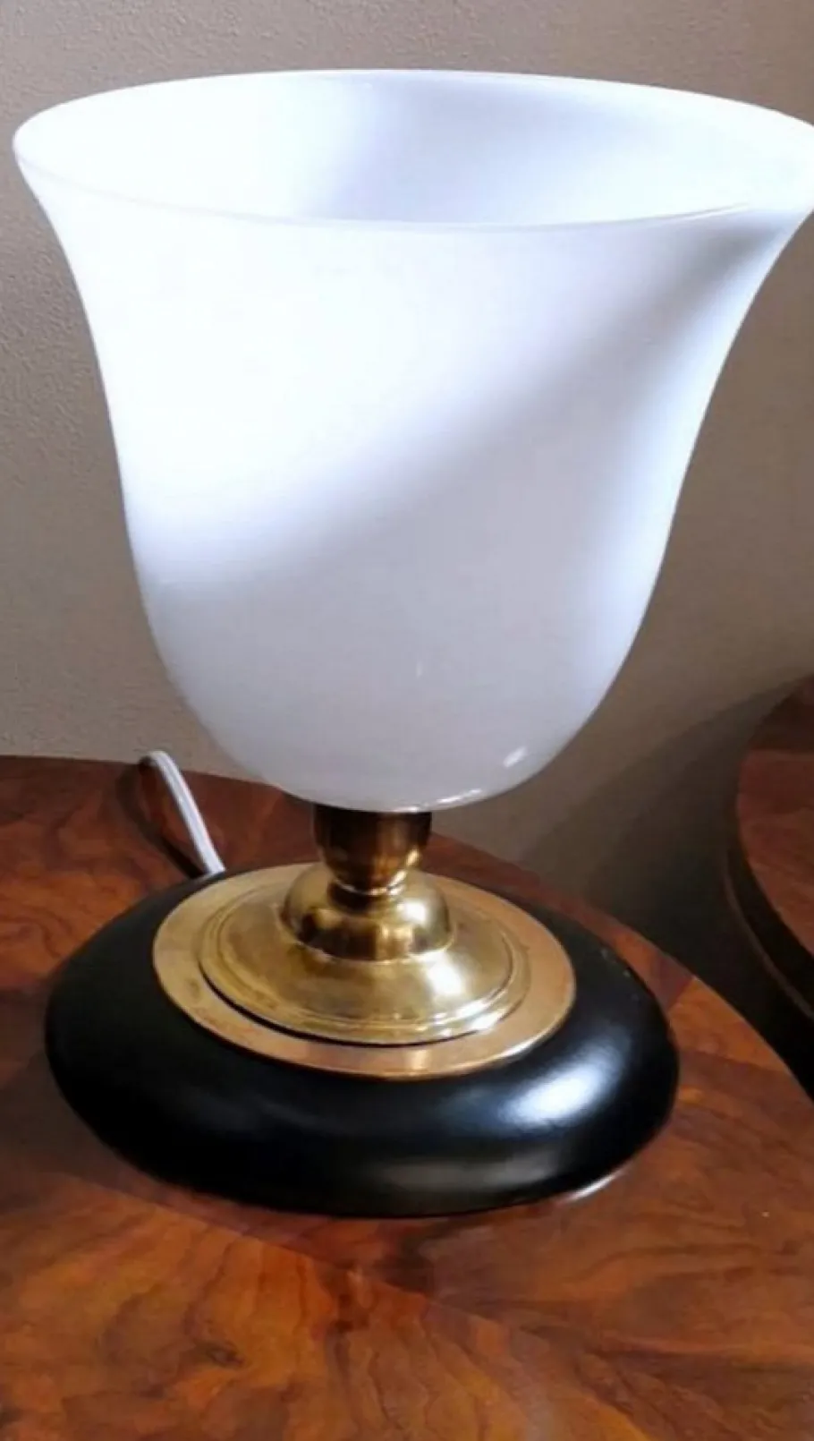 New Pamono Art Deco Table Lamp in Opaline Glass, Brass and Wood from Mazda