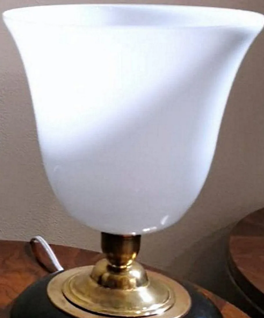 New Pamono Art Deco Table Lamp in Opaline Glass, Brass and Wood from Mazda