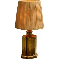 Pamono Art Deco Table Lamp in Patinated Brass with Raffia Shade, 1940s