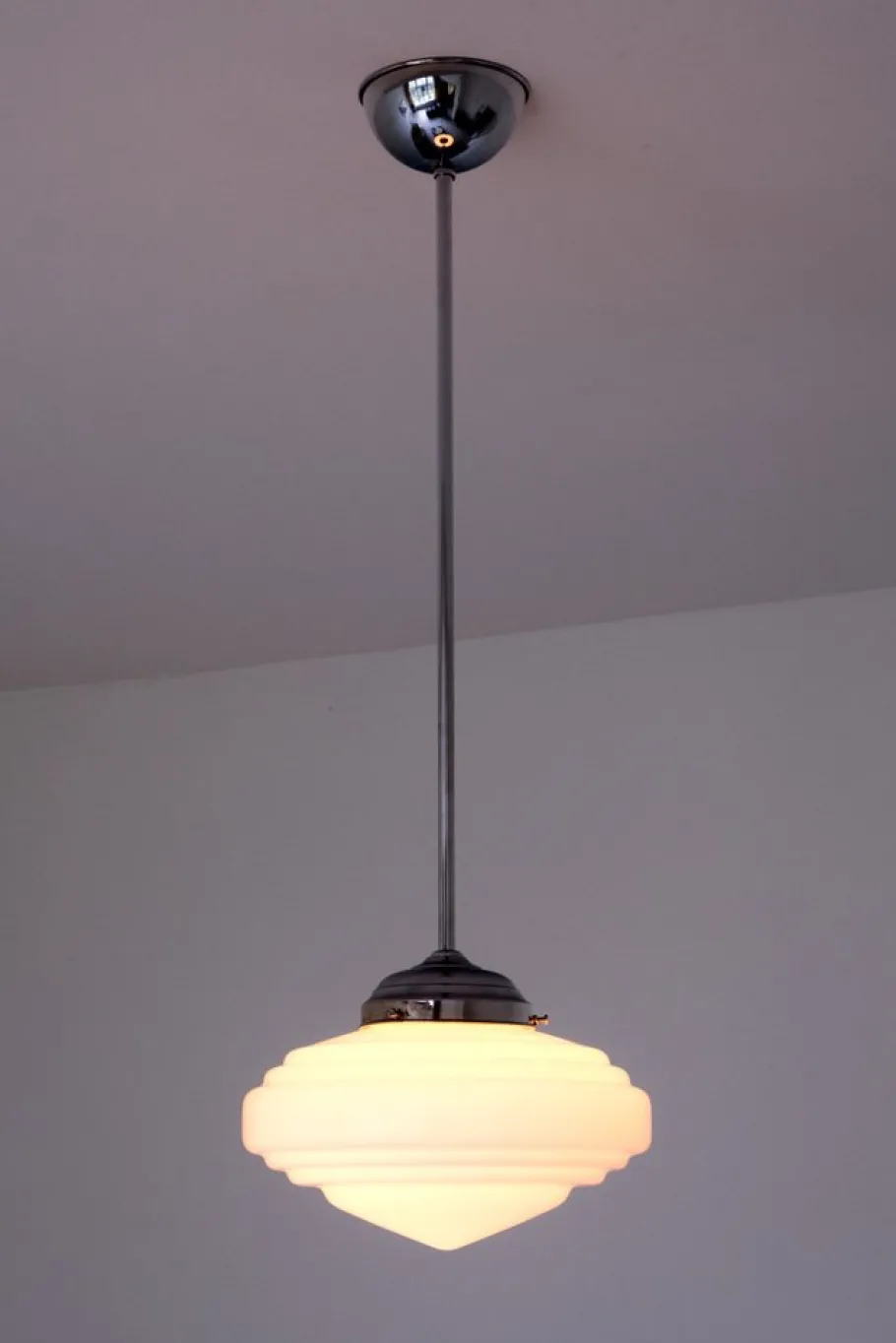 New Pamono Art Deco Tiered Pendant Light in Opal Glass & Nickel from Gispen, Netherlands, 1950s
